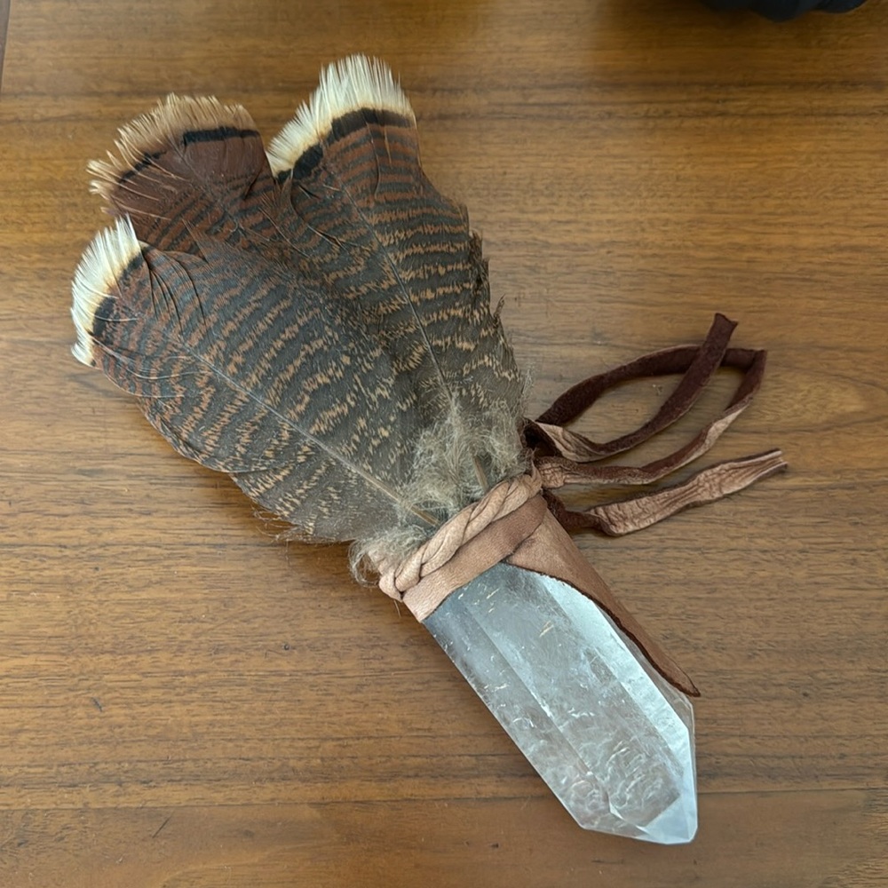 Clear Crystal Quartz Point with Natural Feathers & Leather